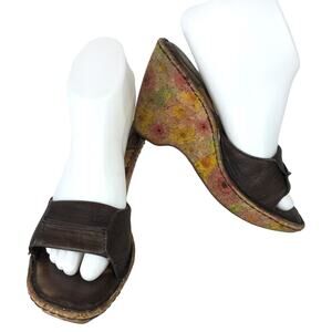 Born Brown Leather Floral Cork Wedge Sandals Sz7